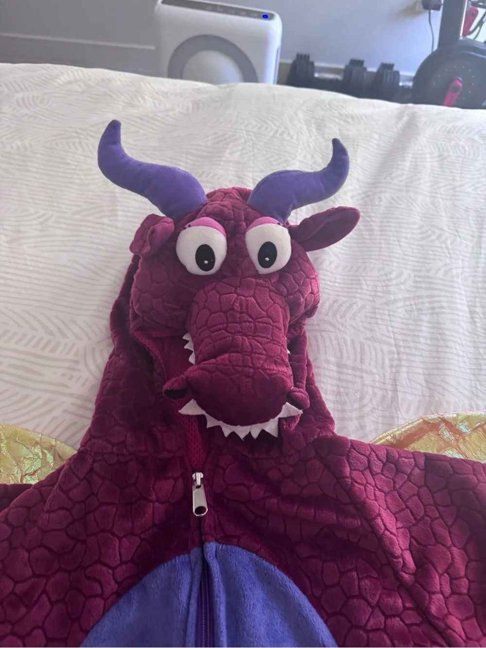 Kids Burgundy Plush Dragon Costume - Hooded Onesie size 6-7 (L)